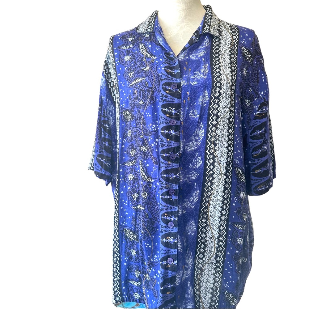 Vintage 1990s Top Blouse Indian Boho print Short Sleeve Size XL